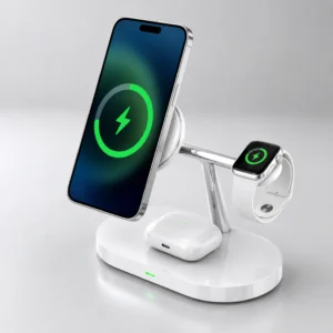 Multifunctional Wireless Charger UAE — 15W Fast Qi Charging Dock for Phone + Smartwatch | LED Indicator | CE FCC Certified | White & Black |